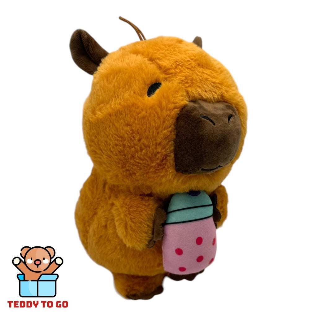 Capybara met Bubble Tea knuffel zijaanzicht