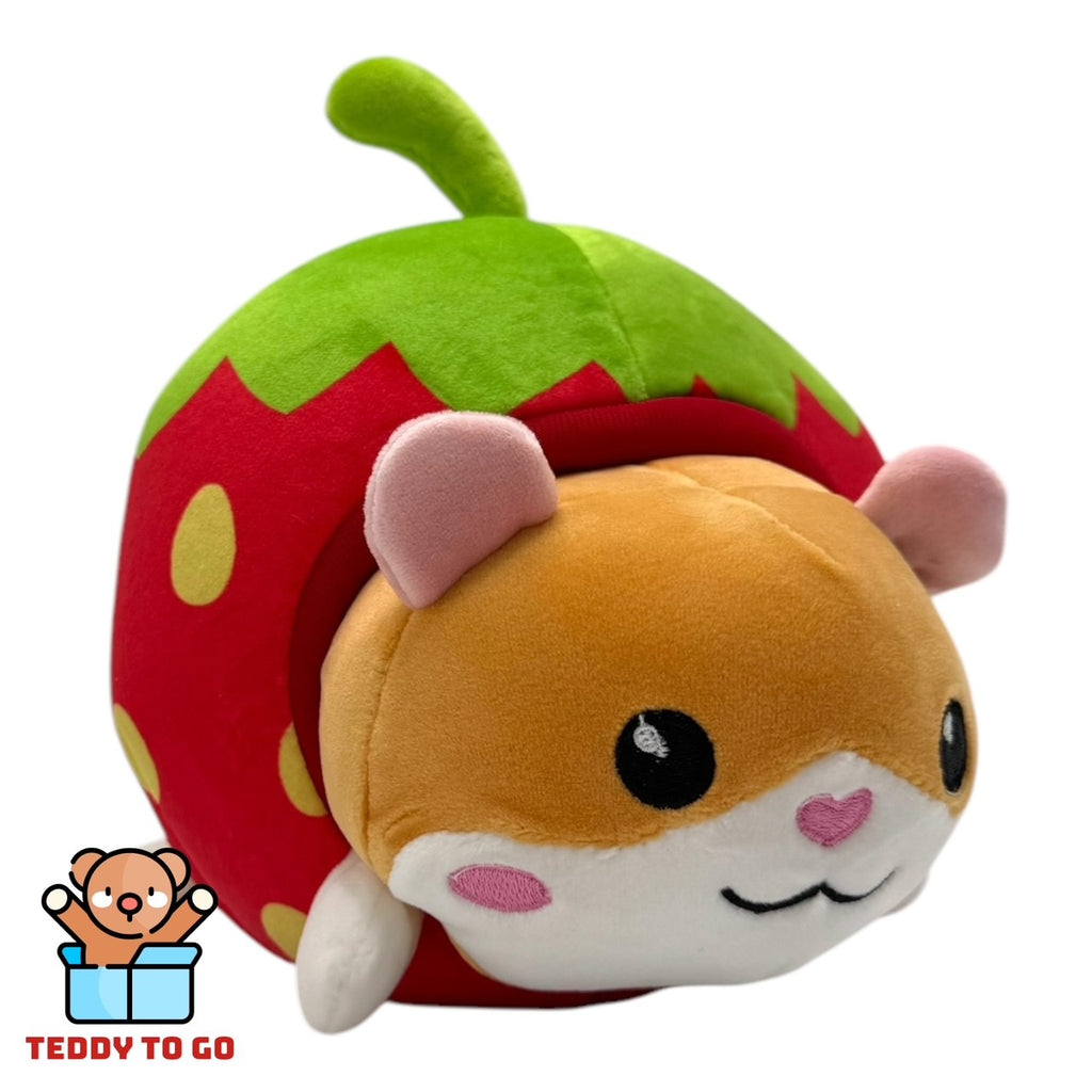 Kawaii Kuties Fruits Hamster in Aardbei knuffel zijaanzicht