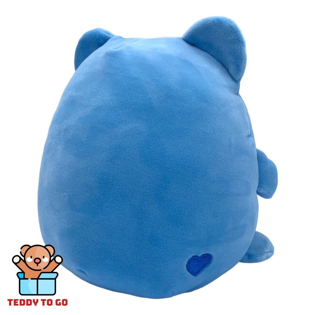 Blauwe squashy Troetelbeer knuffel achterkant